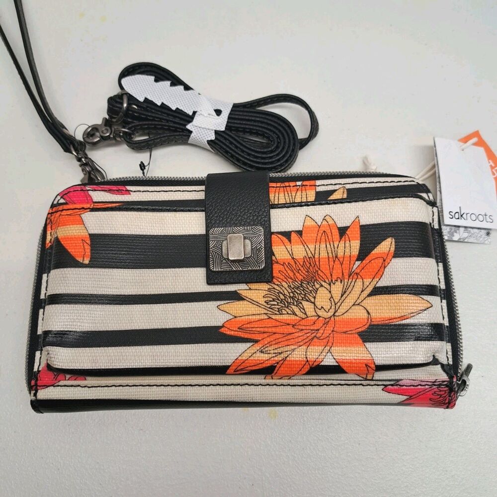Sakroots Black Neon Zen White Stripe Water Lily Crossbody Purse Wallet